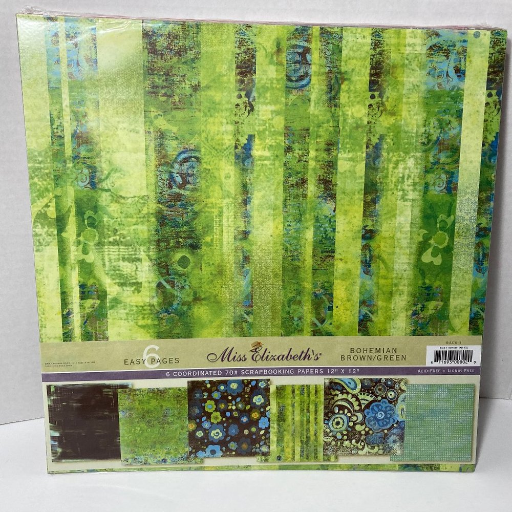 Scrapbook Paper 12 x 12 6 Pack Bohemian Brown Green Miss Elizabeth's